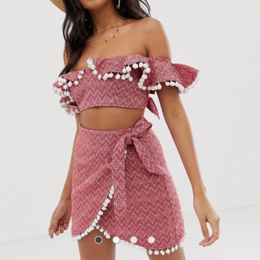 ASOS DESIGN jacquard pom pom frill beach top